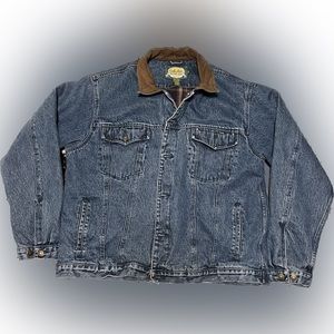Vtg 90s CABELA'S LEATHER COLLAR DENIM HUNTING COAT JACKET XL Tall. A5032023